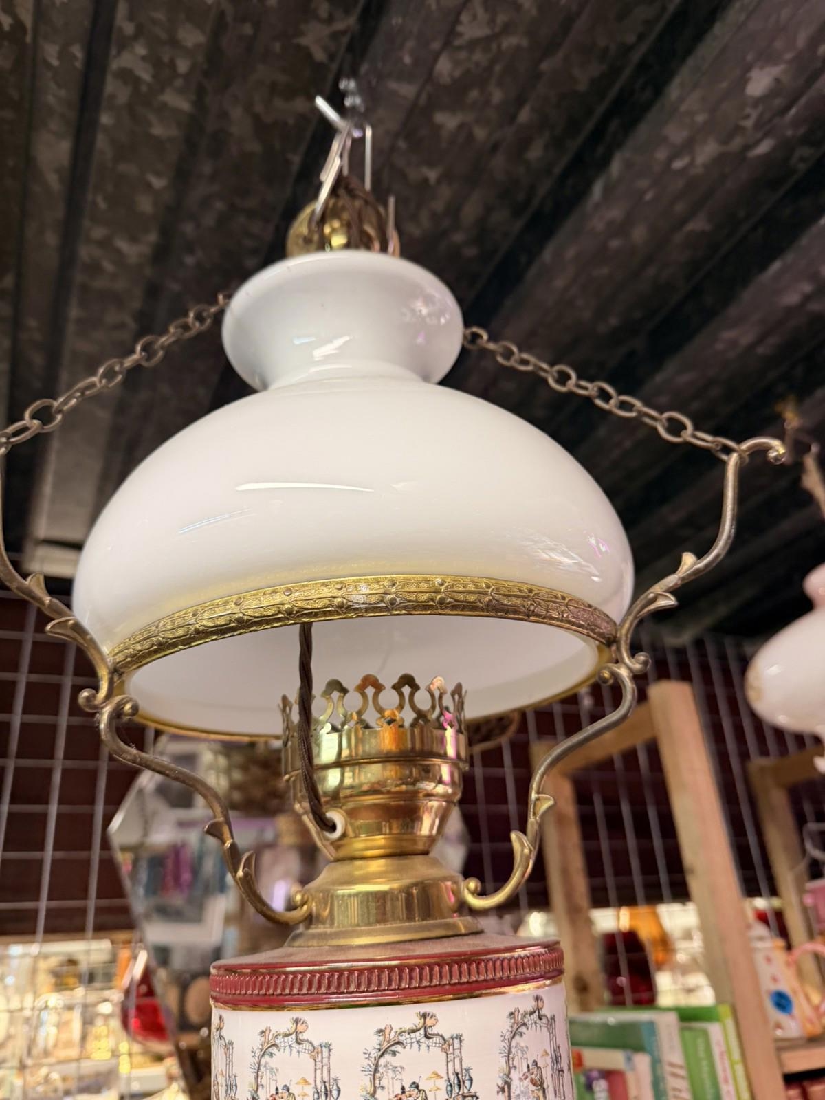 BRASS CERAMIC CEILING LIGHT WITH GLASS OPALINE SHADE - Burgundy Victorian rare