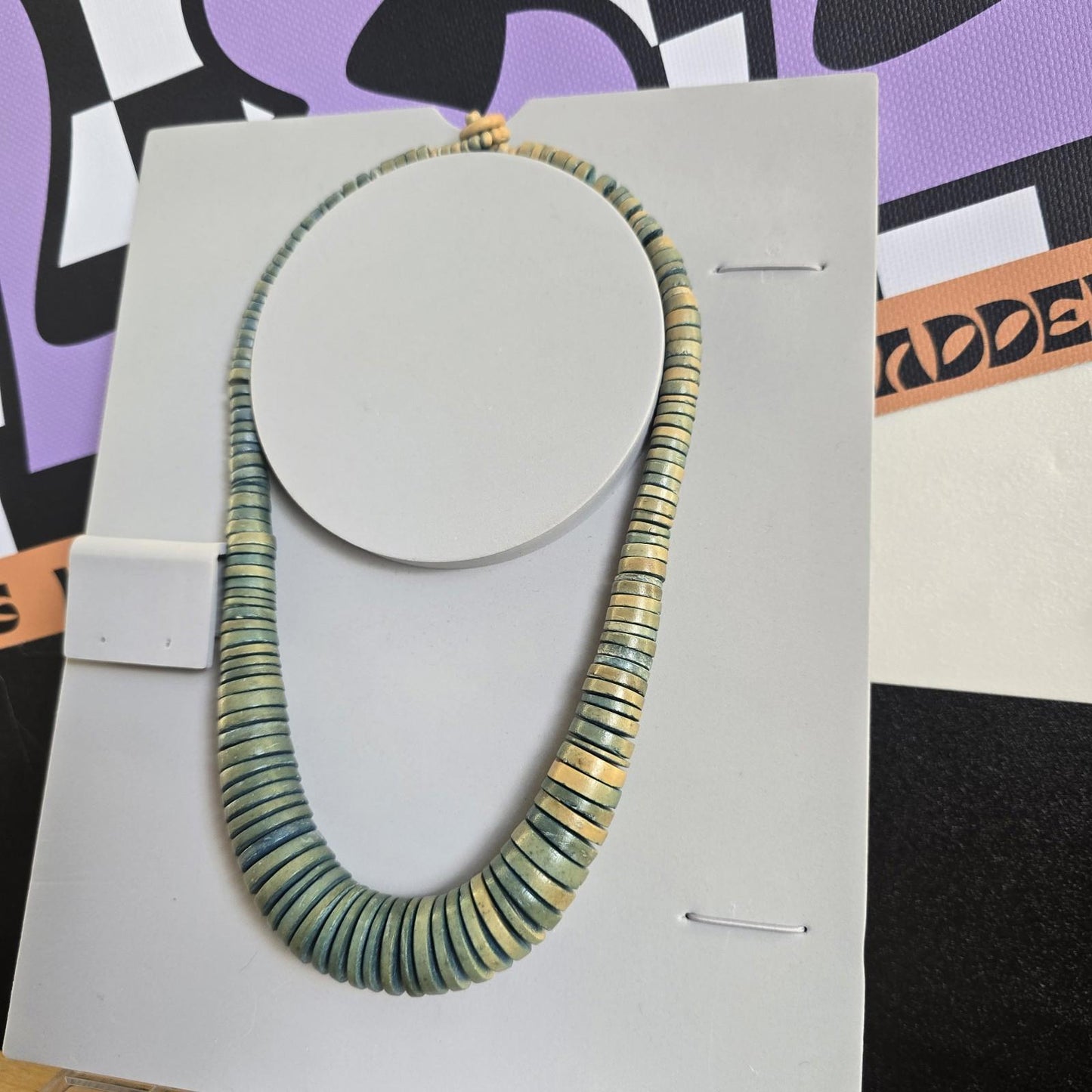 Vintage Wooden Disc Necklace Turquoise Jewellery Boho Hippie