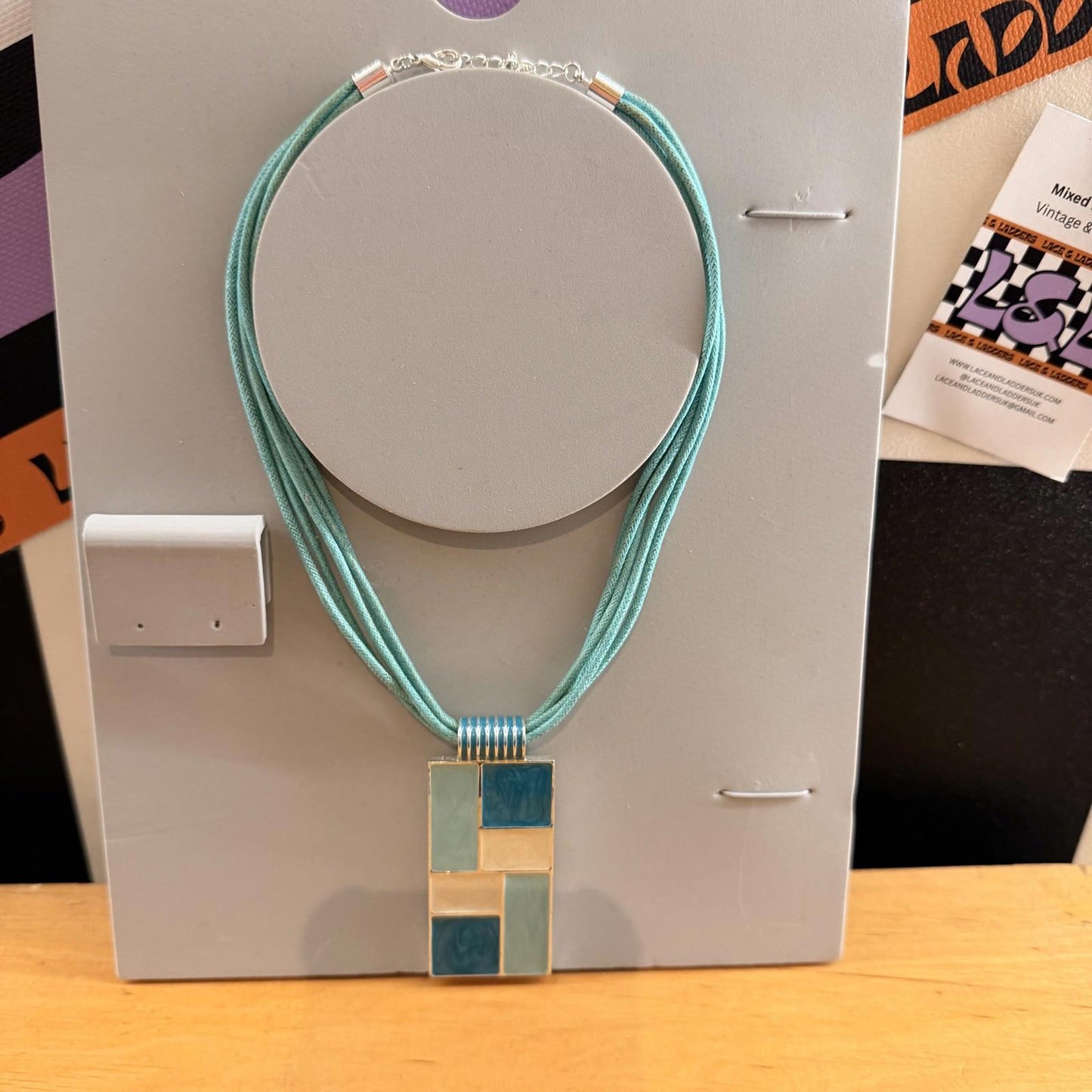 Vintage WOMENS NECKLACE TURQUOISE SEA FOAM ENAMELED Square Charm w/ Multi Rope