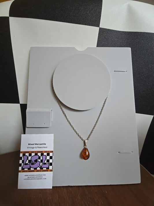 925 Stamped Sterling Silver Chain Necklace With Genuine Amber Pendant