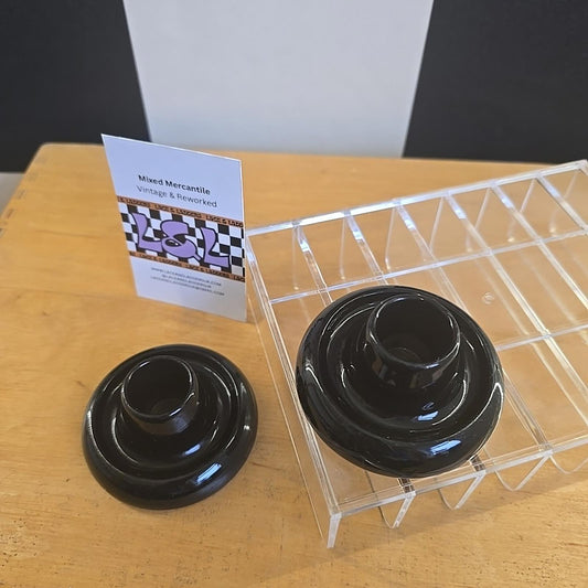 Vintage MCM Black Ceramic Candle Holder X2