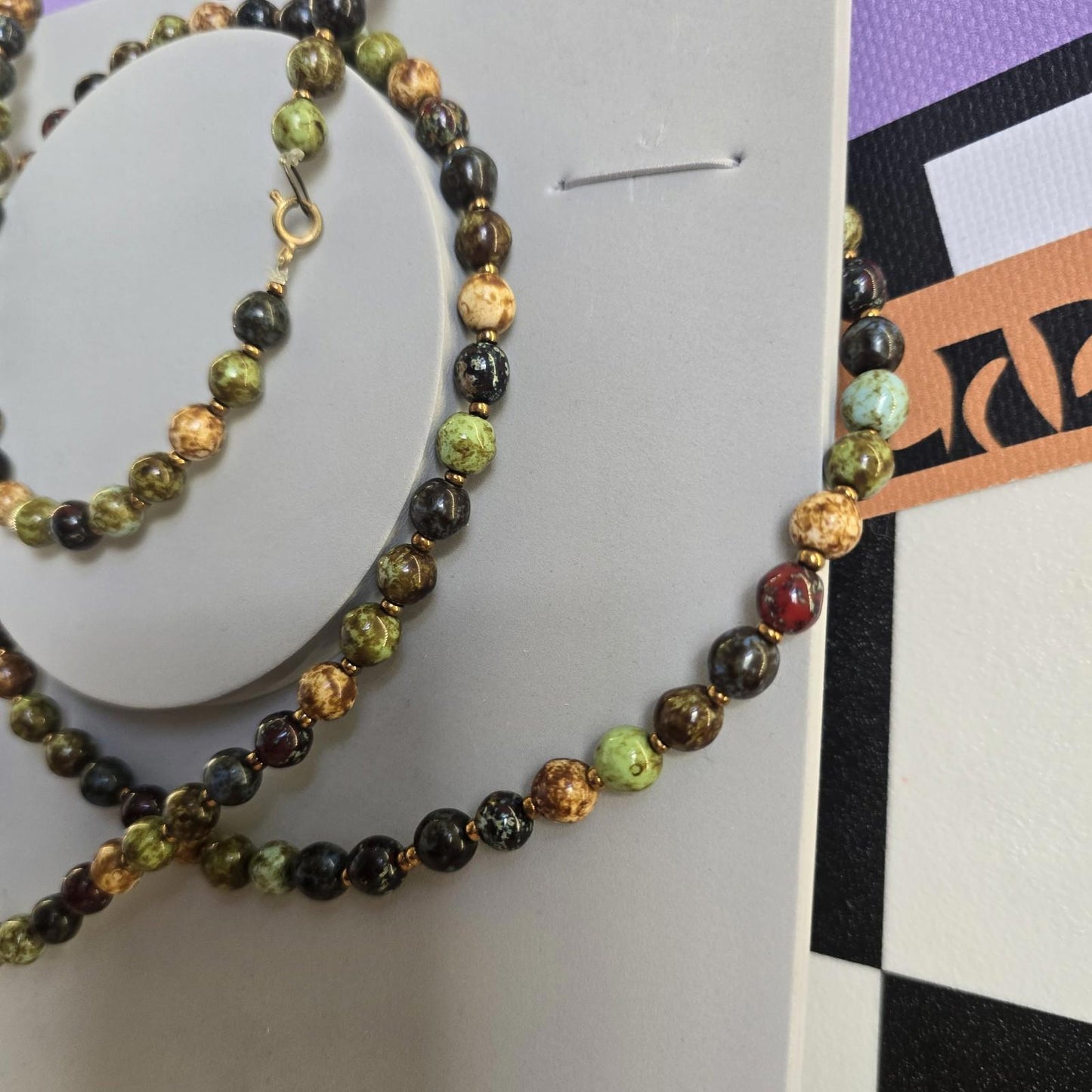 Vintage Brown and Green Beaded Stone Extra Long Necklace Costume Jewellery