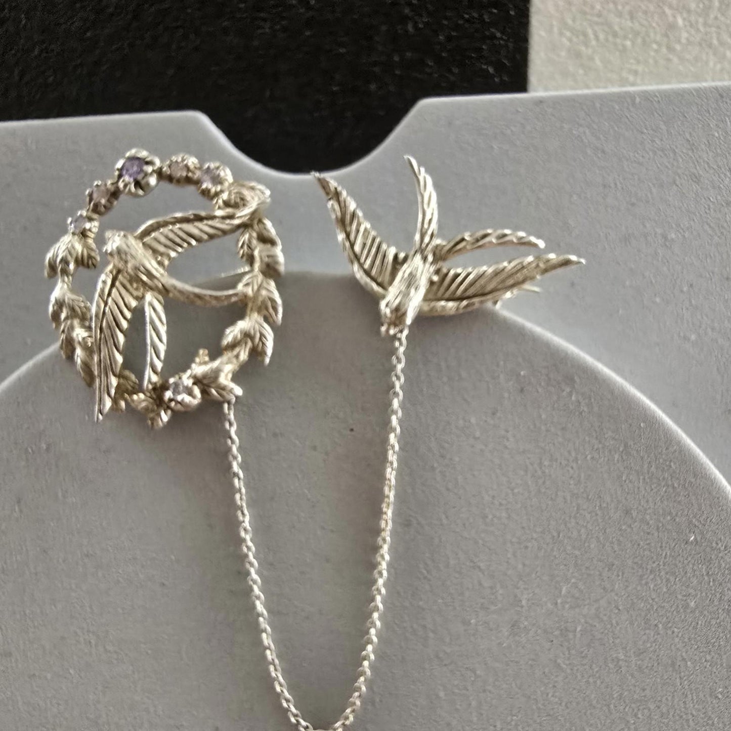 Antique Solid Silver Swallow Bird Brooch With Gemstones Plus Safety Swallow