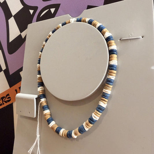 Vintage wooden beads necklace blue and beige natural handmade 18''