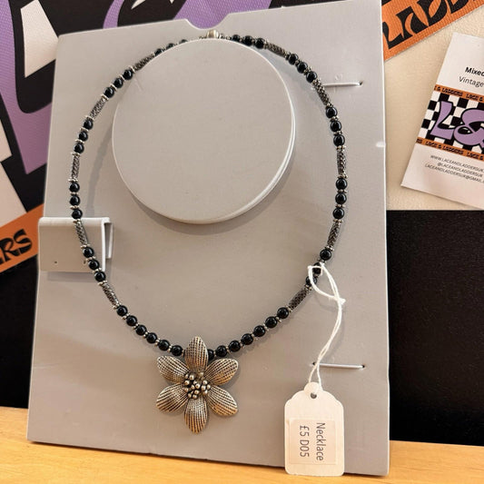 Vintage Black and Silver Tone Necklace with Large Flower Pendant Statement Piece