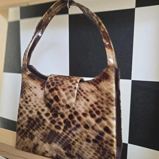 Vintage Snakeskin Effect Glossy Handbag with Shoulder Strap