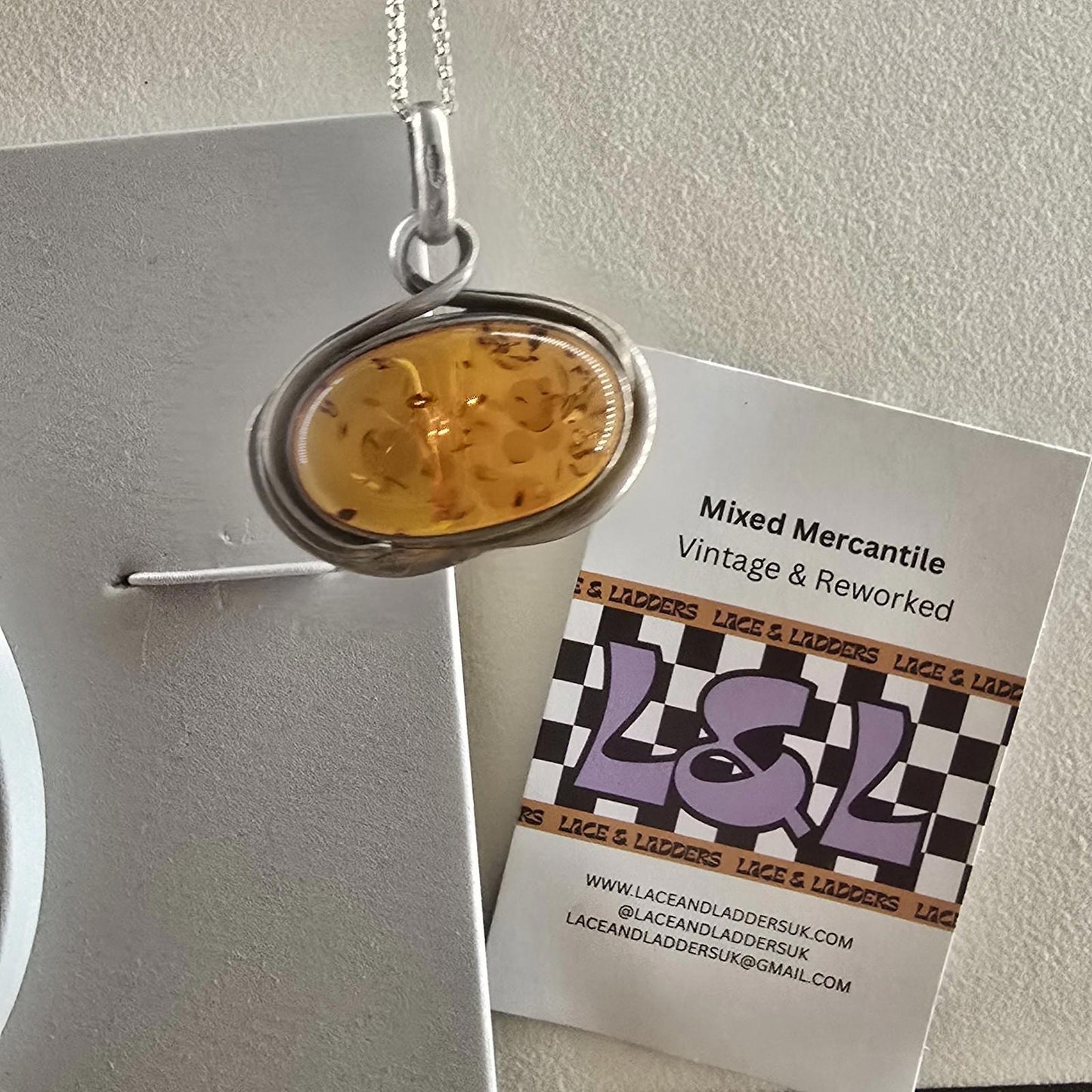 Cognac / Brown BALTIC AMBER Oval Pendant 925 STERLING SILVER Vintage Large