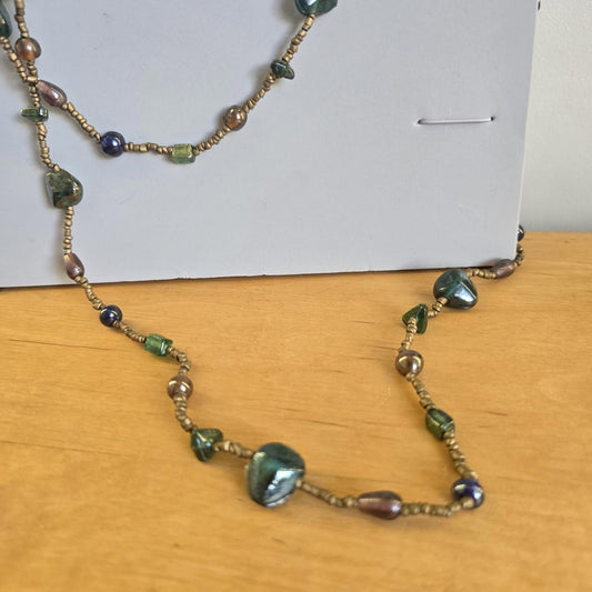 Vintage Costume Long Beaded Green and Brown Necklace Jewellery