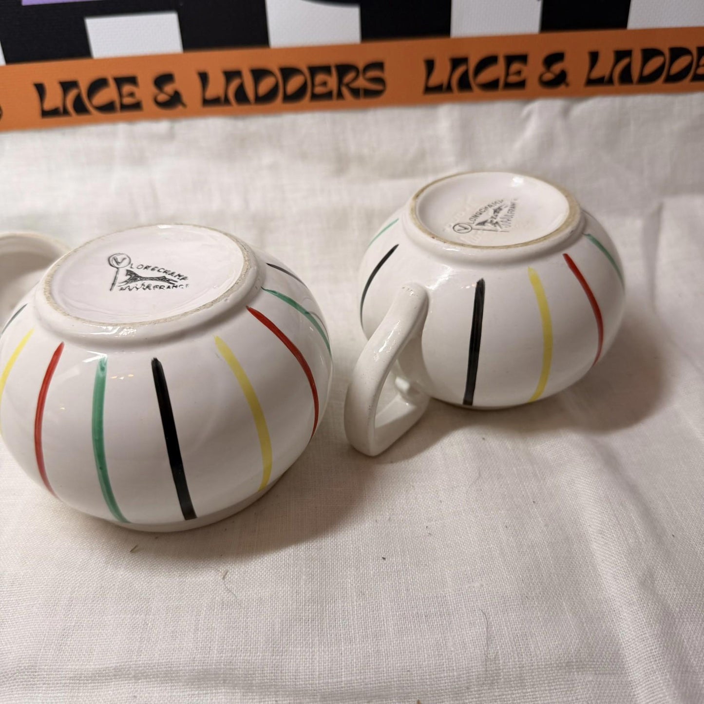 rare Longchamp, France, hand painted, sugar bowl and milk jug in faience. mcm