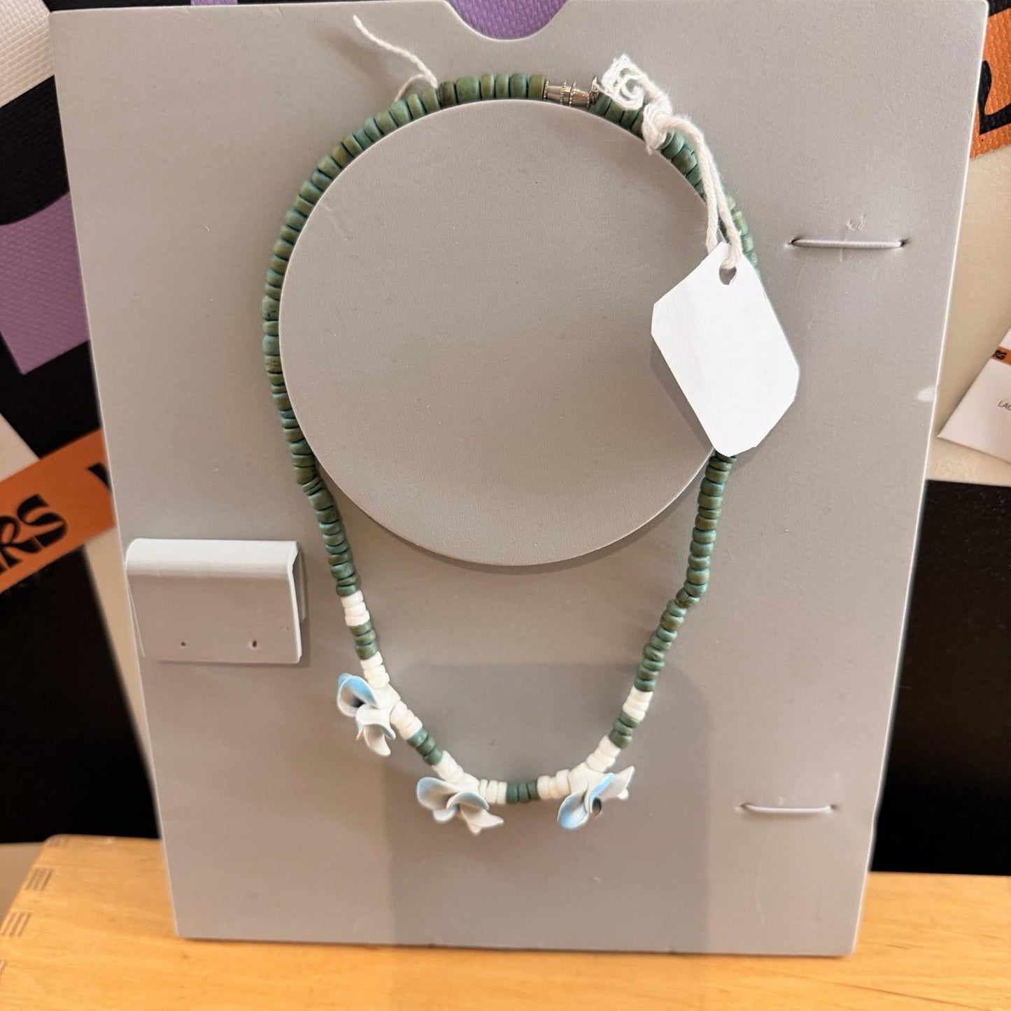 Pula Shell Turquoise Necklace with Blue Flowers Vintage 80s