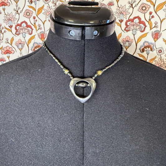 vintage Haematite Heart Pendant Necklace With Orange Gemstone y2k