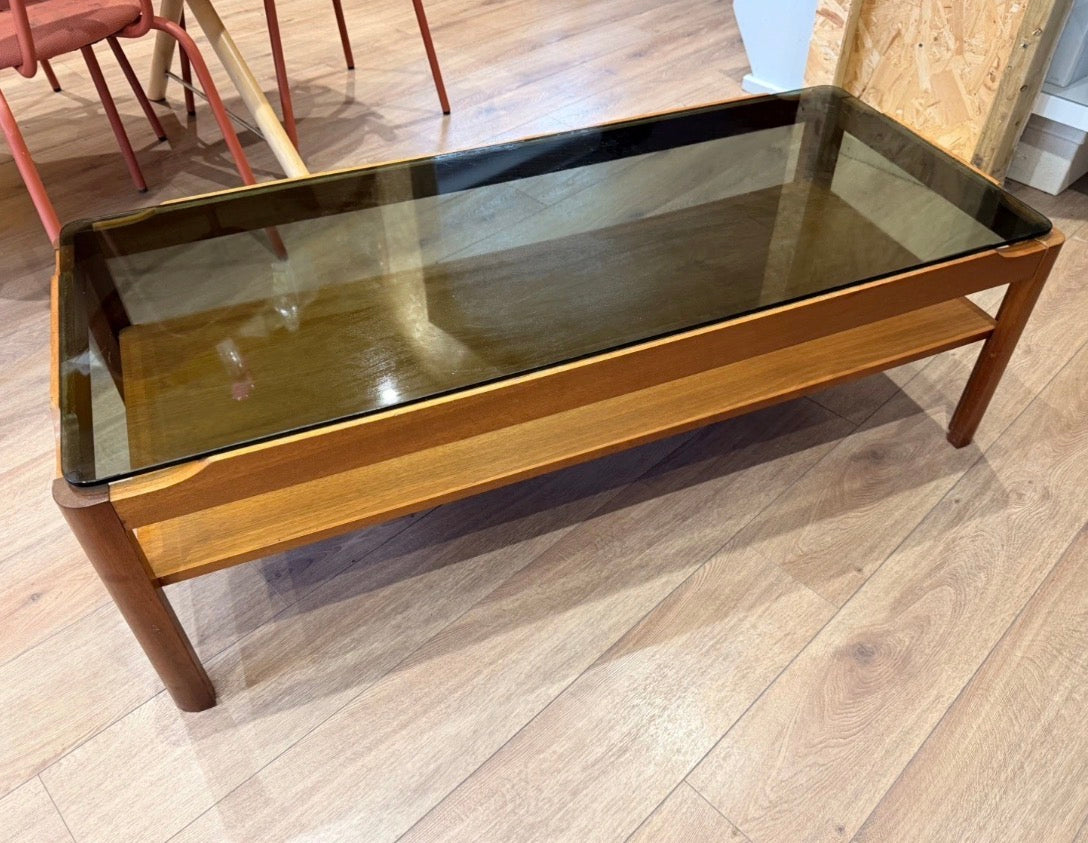 Mid Century Coffee Table Teak and Smoke Glass