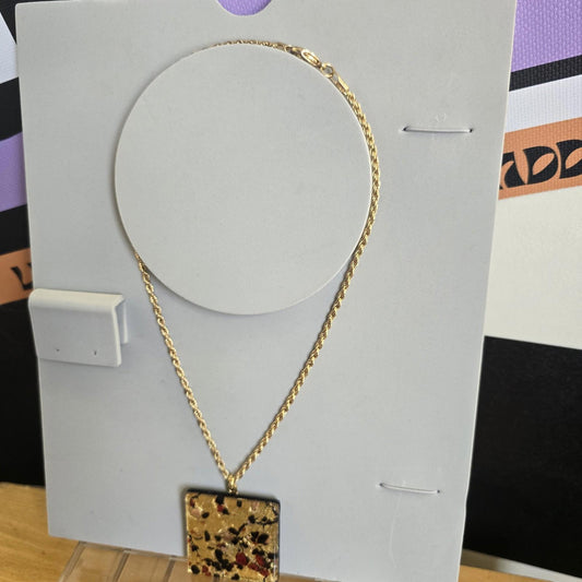 Vintage Statement Large Pendant Square Fused Glass Necklace On Gold Chain