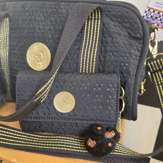 Kipling "Sinala" Premium Shoulder Bag with Detachable Strap & purse black & gold