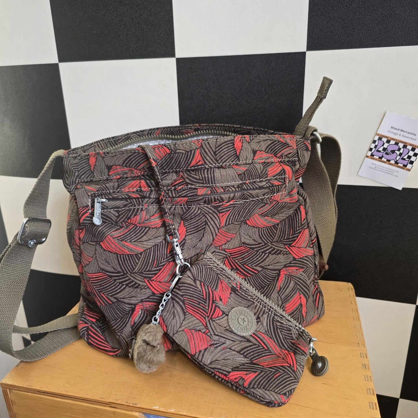 Kipling Bag with Monkey Charm Complete Set and Purse Brown and Coral Pattern