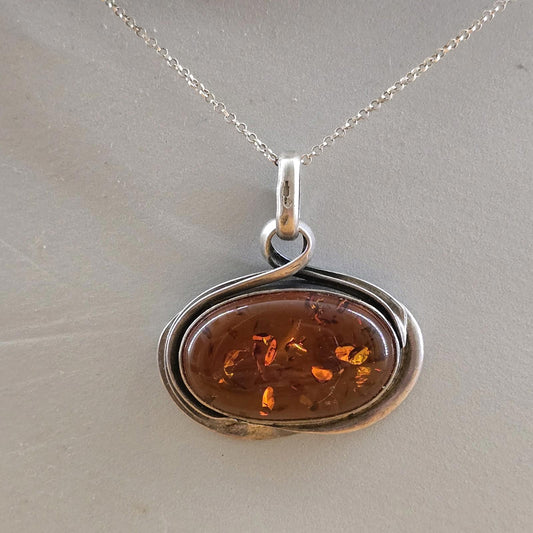 Cognac / Brown BALTIC AMBER Oval Pendant 925 STERLING SILVER Vintage Large