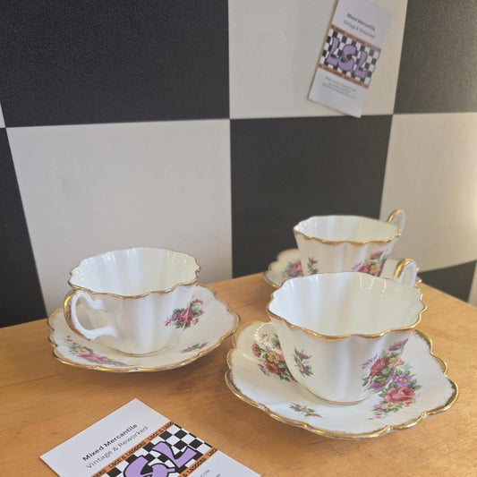 Vintage Antique Fine Bone China Tea Saucer & Set x3 England Brama Roses Gold Rim