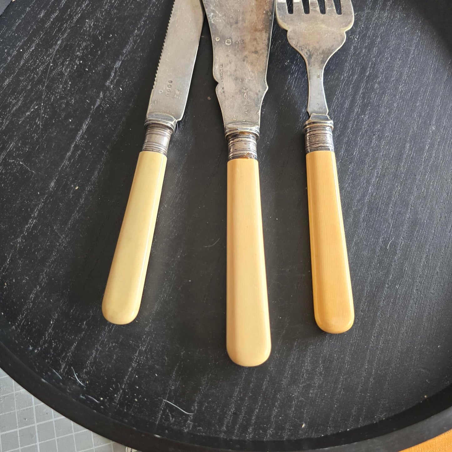 Vintage Cutlery Set with Yellow Handles Real Silver AND Epsn - 3 Pieces