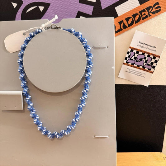 Vintage Handmade Twist Beaded Necklace Blue White