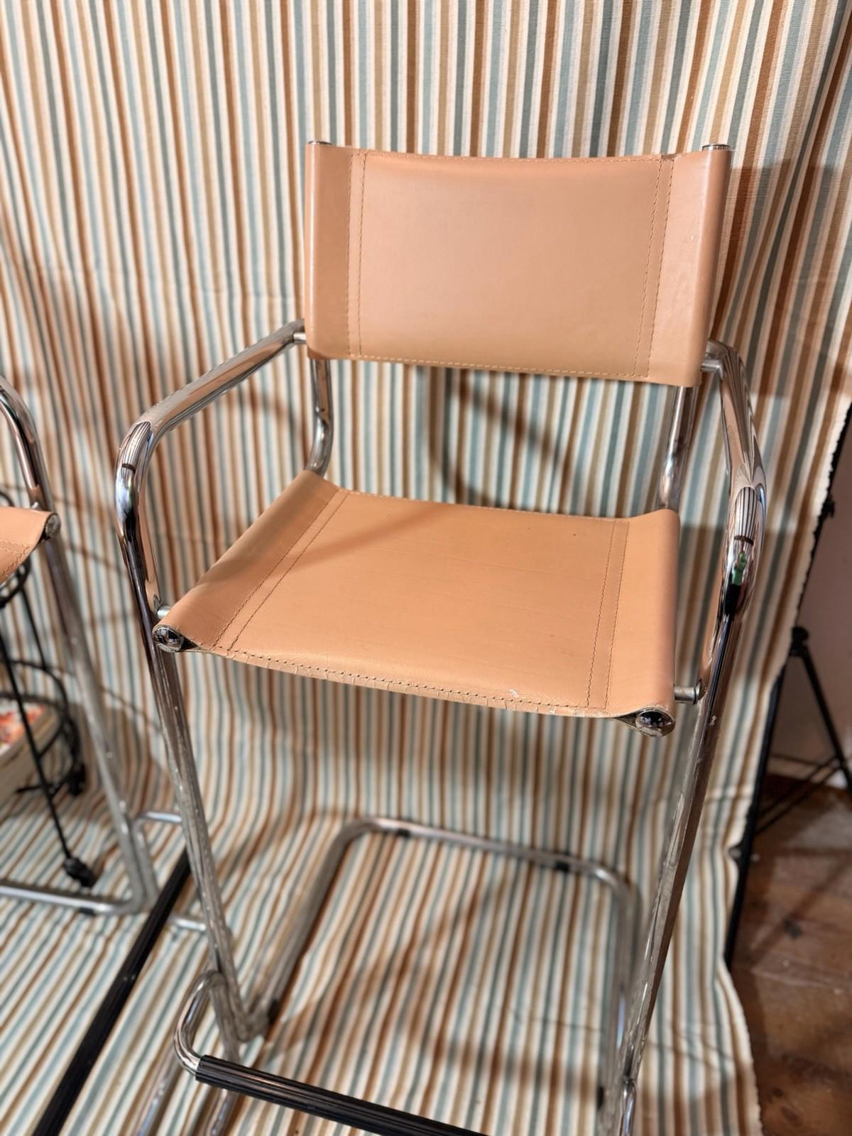 Vintage Tubular Chrome Leather Bar Stool Mart Stam Bauhaus Style, Italian MCM