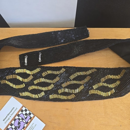 1980s Hand Made Beaded Belt Waist Belt 91cm Long Vintage Black & Gold