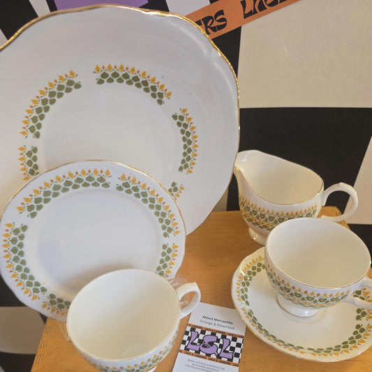 Vintage Bone China Cup, Saucer, Extras Green & Orange Heart Design Royal Kent