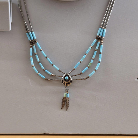 Vintage Southwestern Bear Claw Turquoise and Silver Sterling 925 Necklace