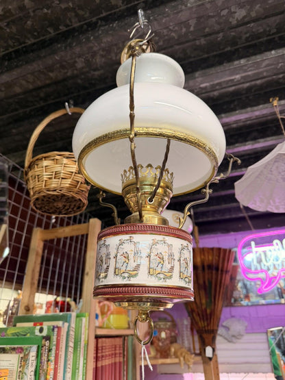 BRASS CERAMIC CEILING LIGHT WITH GLASS OPALINE SHADE - Burgundy Victorian rare