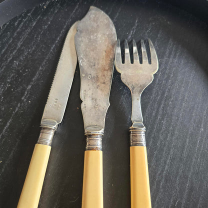 Vintage Cutlery Set with Yellow Handles Real Silver AND Epsn - 3 Pieces