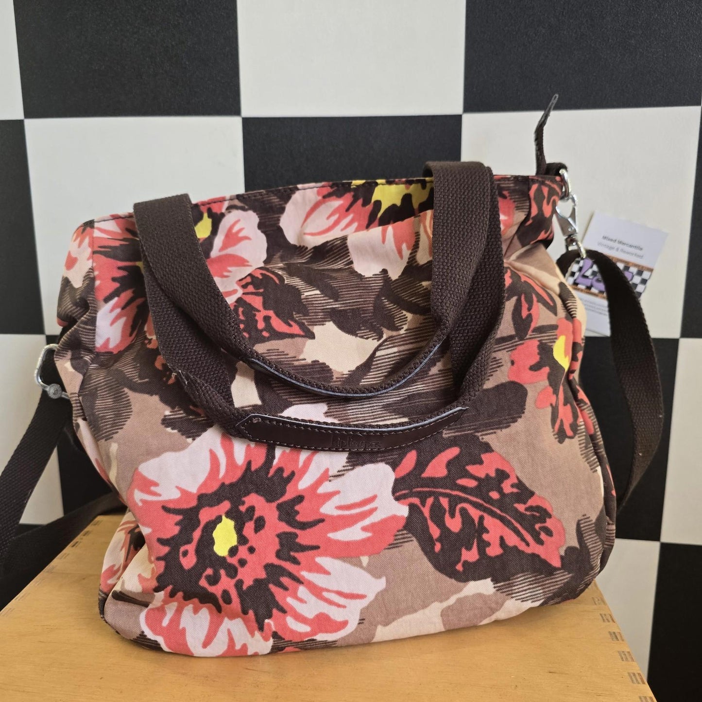 Kipling Brown Floral Crossbody Bag with Monkey Keyring 17” X 11” Ex Con