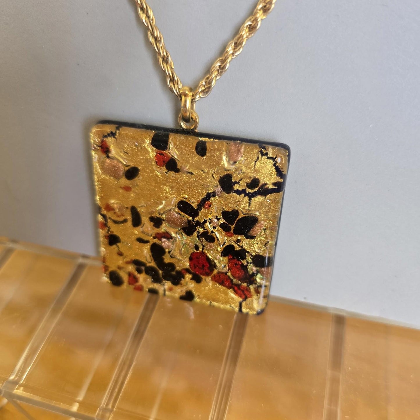 Vintage Statement Large Pendant Square Fused Glass Necklace On Gold Chain