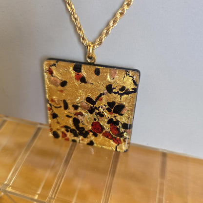 Vintage Statement Large Pendant Square Fused Glass Necklace On Gold Chain
