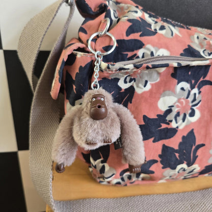 Kipling Cross Body Bag Peach Black Flowers Large With Monkey extra pockets