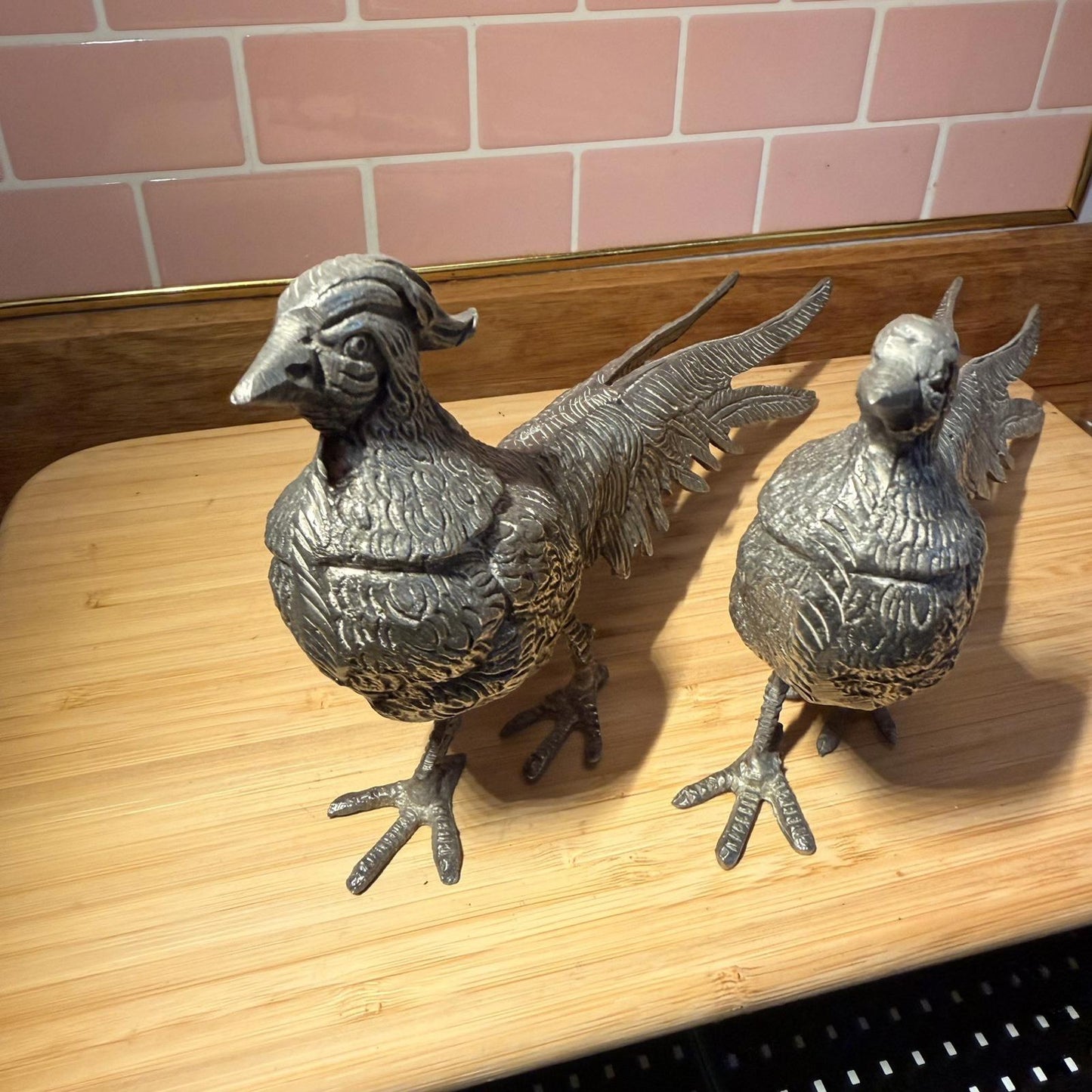 Vintage Alpaca Silver plated Italy Pair of Pheasants 13.3" & 12.5" Art Figurine