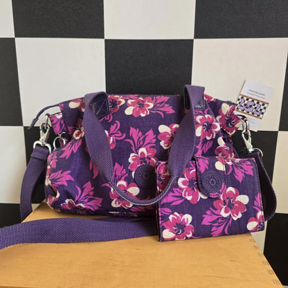 Kipling Medium Handbag In Purple And Pink Multi-print with matching PURSE