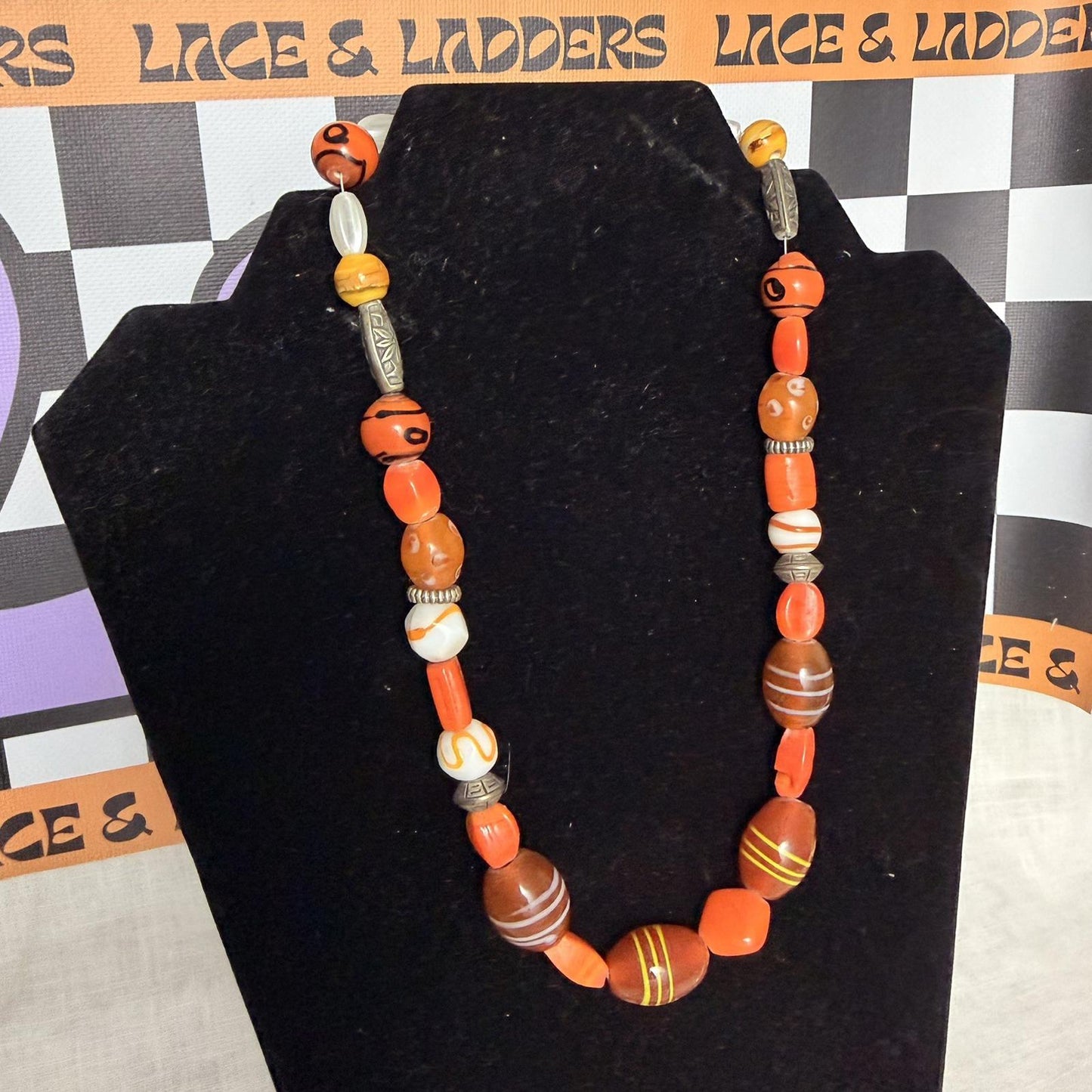 Vintage Costume Jewellery Necklace Beaded Design gorgeous 60s 70s orange funk