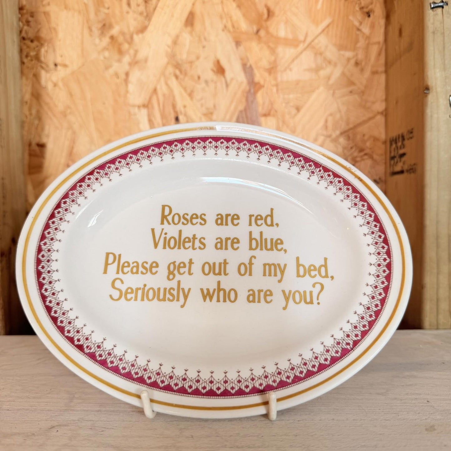 Vintage Plates With Slogan On ‘Bed’, Handmade Unique UK Novelty