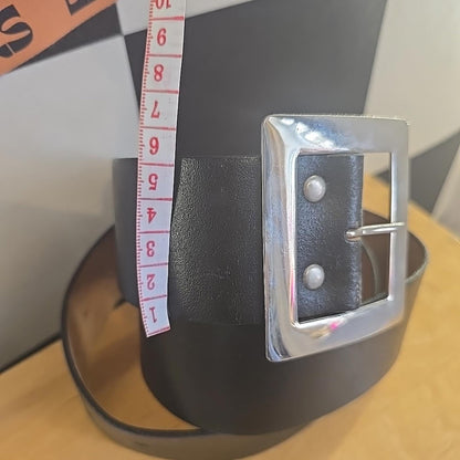 BLACK LEATHER 34 BELT EXTRA THICK SILVER BUCKLE VINTAGE