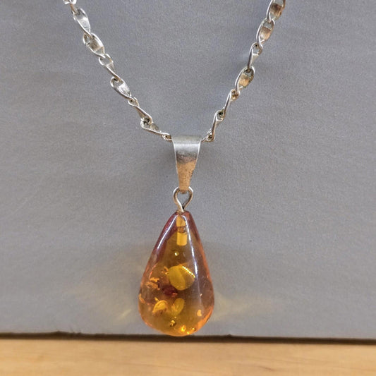 Zoria Baltic Amber-Pendant-Cognac Colour-925 Sterling Silver chain vintage
