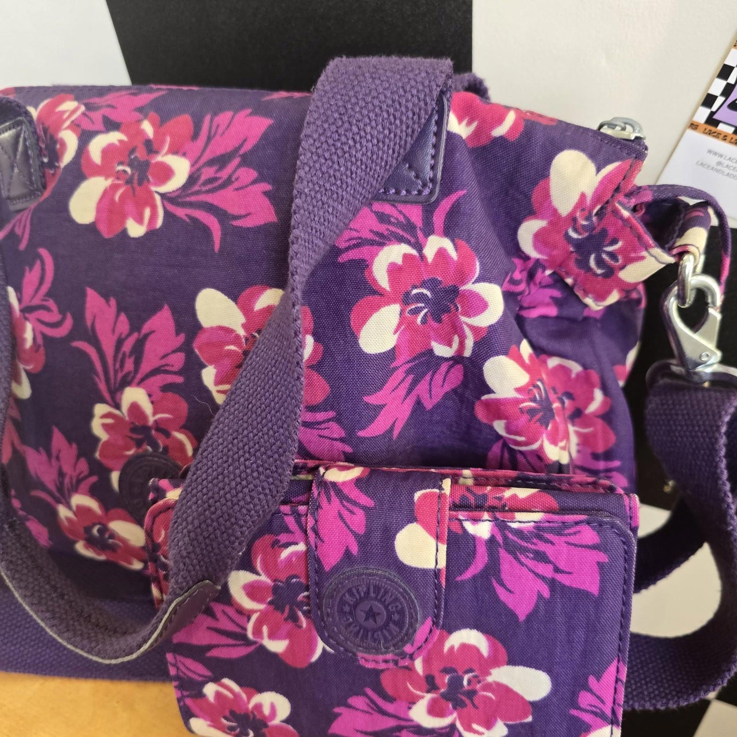 Kipling Medium Handbag In Purple And Pink Multi-print with matching PURSE