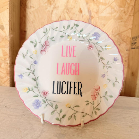 Vintage Plates With Slogan On ‘Lucifer’, Handmade Unique UK Novelty