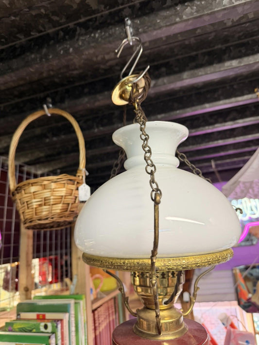 BRASS CERAMIC CEILING LIGHT WITH GLASS OPALINE SHADE - Burgundy Victorian rare