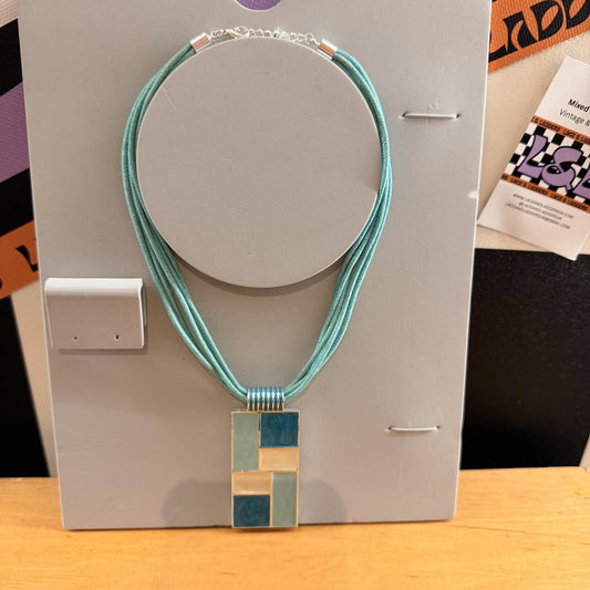 Vintage WOMENS NECKLACE TURQUOISE SEA FOAM ENAMELED Square Charm w/ Multi Rope