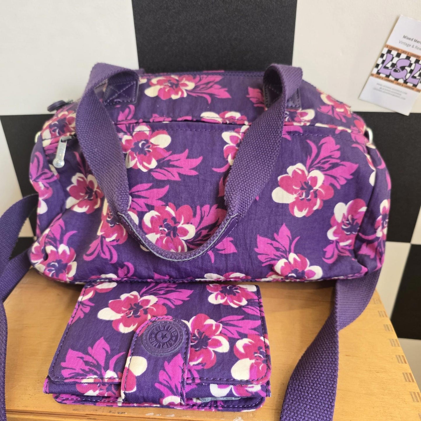 Kipling Medium Handbag In Purple And Pink Multi-print with matching PURSE