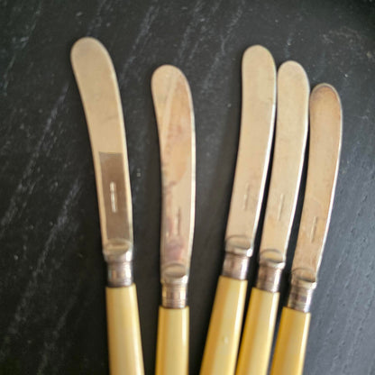 Set of 5 Vintage Butter Knives with Yellow Handles SILVER PLATED EPNS