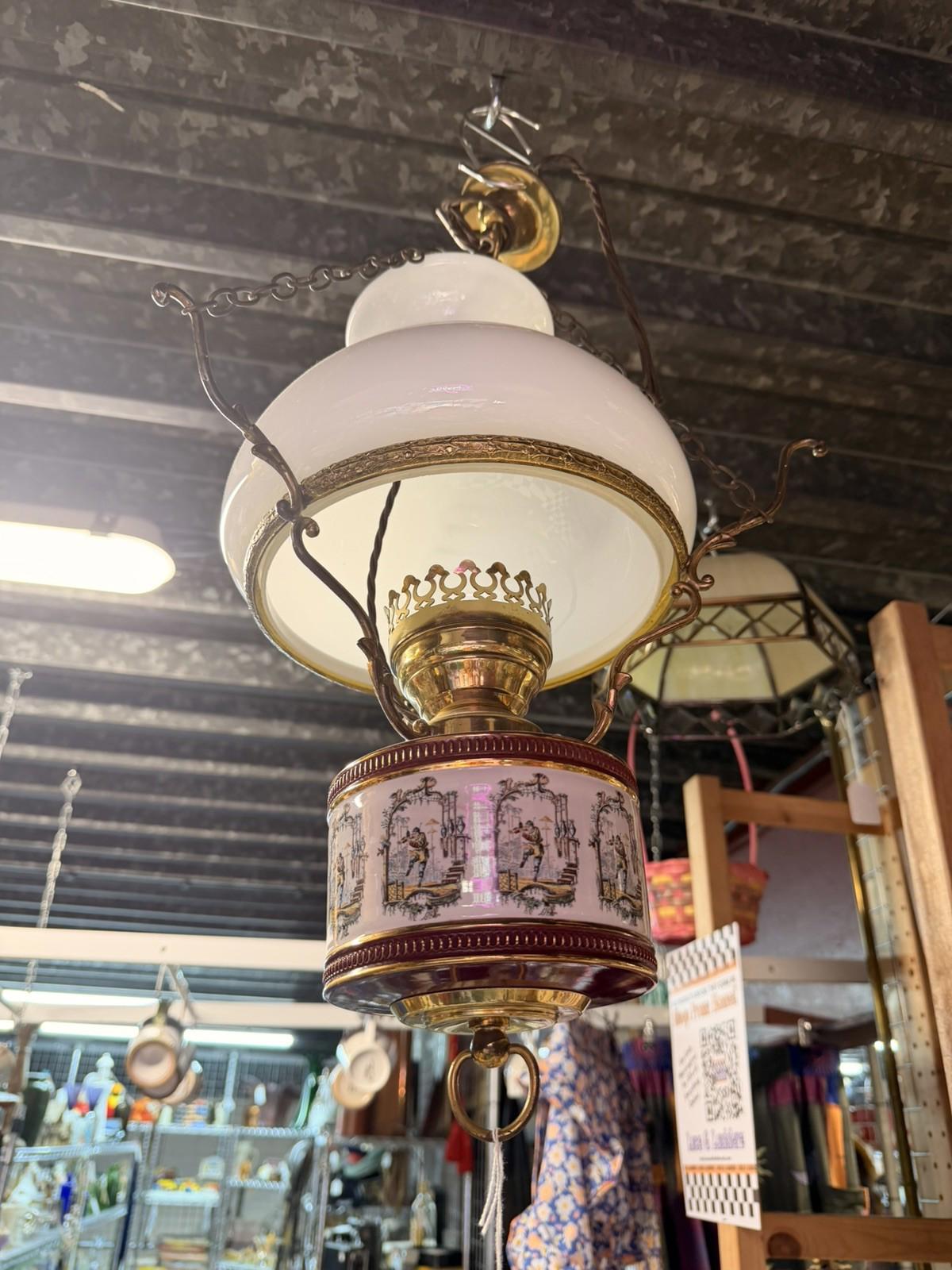 BRASS CERAMIC CEILING LIGHT WITH GLASS OPALINE SHADE - Burgundy Victorian rare