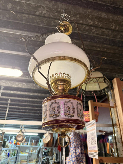 BRASS CERAMIC CEILING LIGHT WITH GLASS OPALINE SHADE - Burgundy Victorian rare