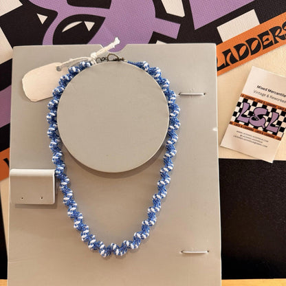 Vintage Handmade Twist Beaded Necklace Blue White