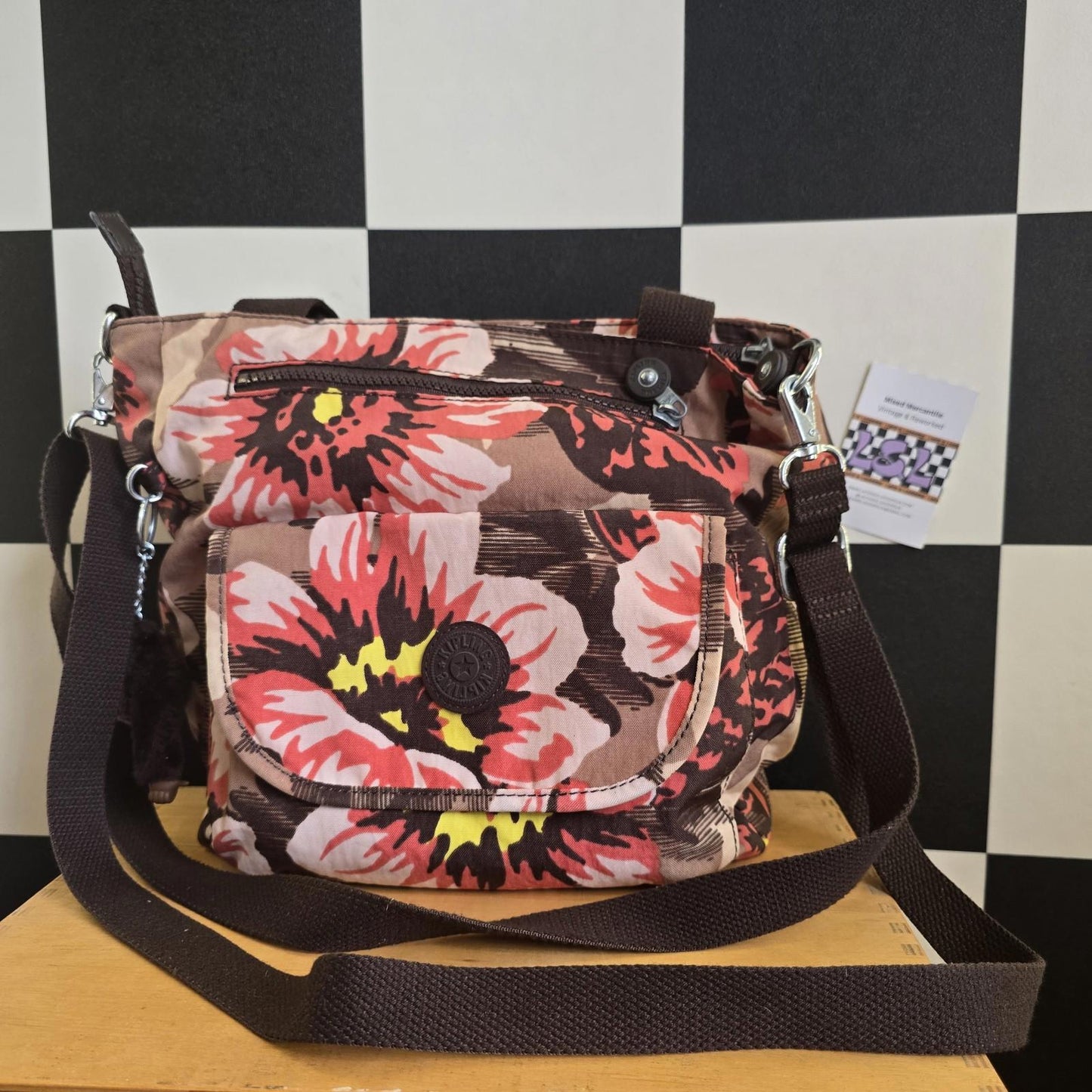 Kipling Brown Floral Crossbody Bag with Monkey Keyring 17” X 11” Ex Con