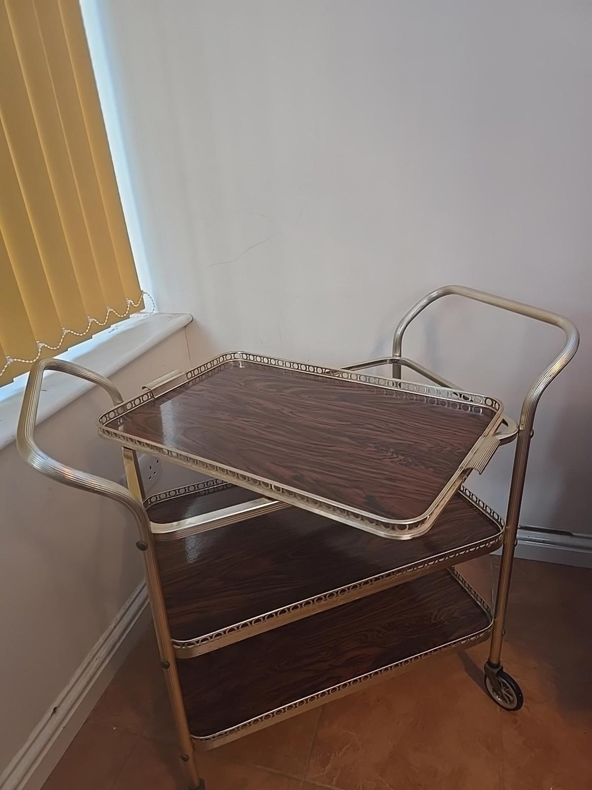 Vintage Retro 3 Tier Gold Cocktail Drinks Tea Hostess Trolley Gin Cart - MCM